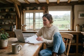Femme en campagne travaillant sur son ordinateur dans une cuisine rustique