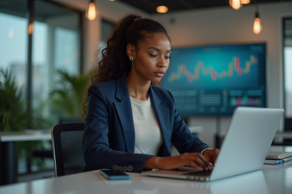 Jeune femme noire travaillant sur un ordinateur dans un bureau moderne