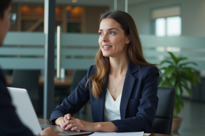 Femme confiante en bureau moderne lors d'un entretien
