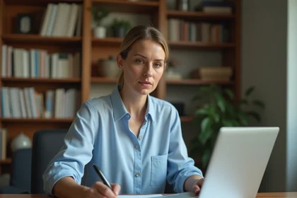Femme consultant des documents financiers sur son bureau à domicile pour optimiser l'utilisation de son CPF
