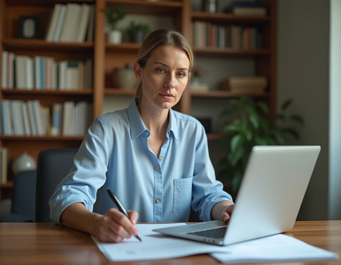 Femme consultant des documents financiers sur son bureau à domicile pour optimiser l'utilisation de son CPF