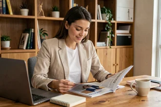 Jeune femme entrepreneur lisant un magazine business à son bureau à domicile entourée de son matériel de travail