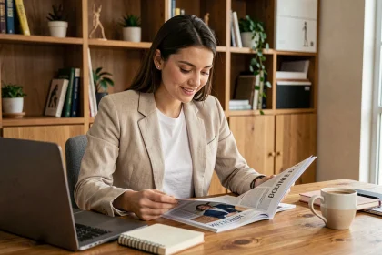 Jeune femme entrepreneur lisant un magazine business à son bureau à domicile entourée de son matériel de travail