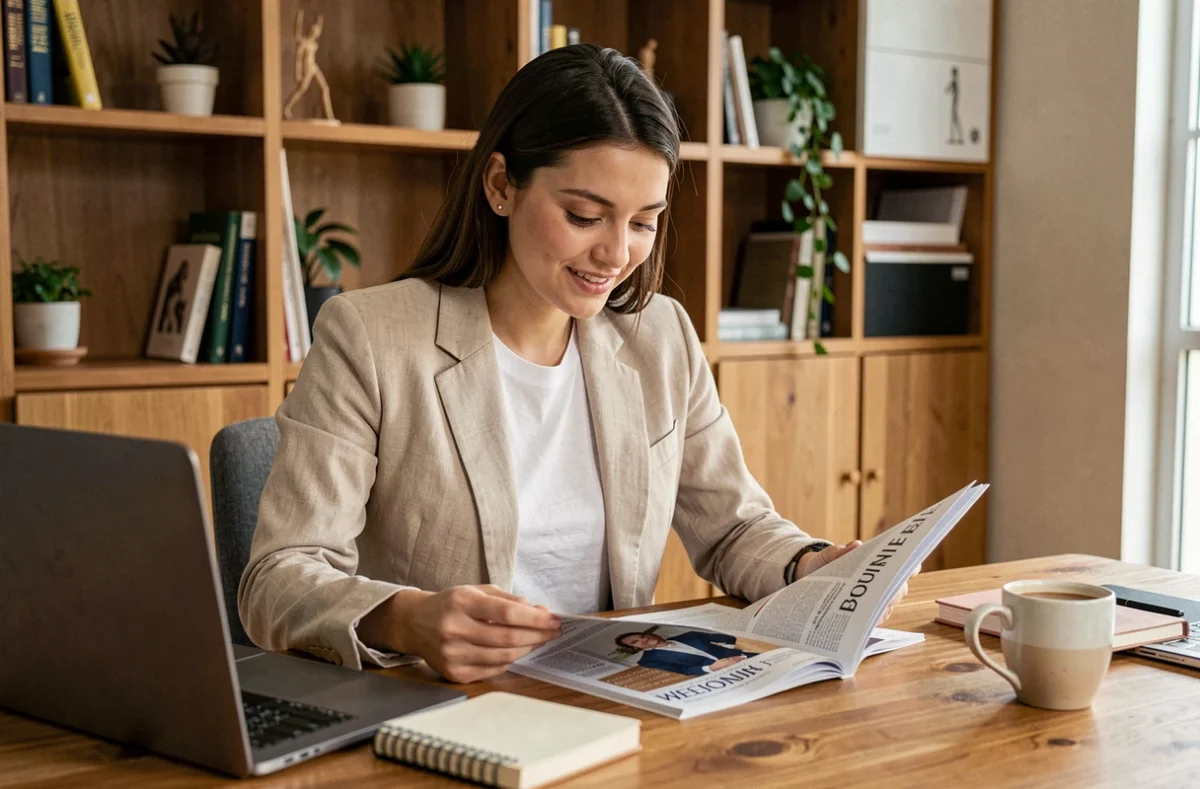 Jeune femme entrepreneur lisant un magazine business à son bureau à domicile entourée de son matériel de travail