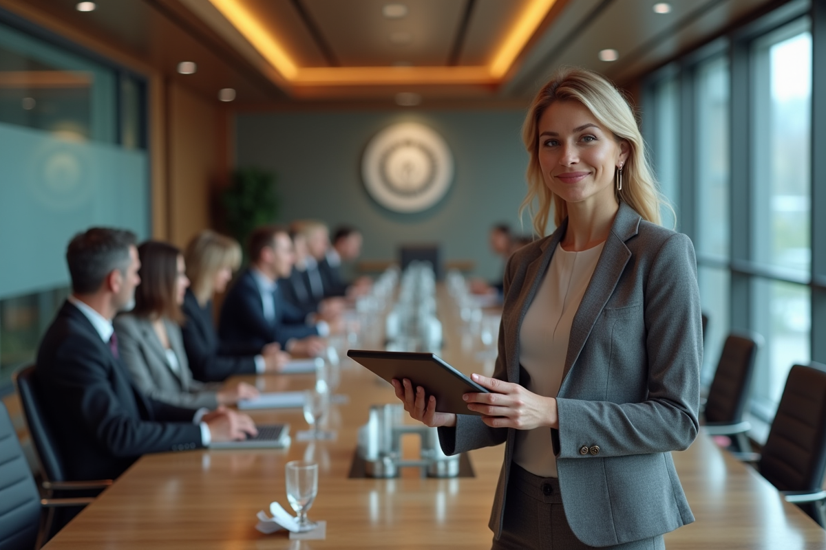 Femme financière présentant des graphiques avec une tablette