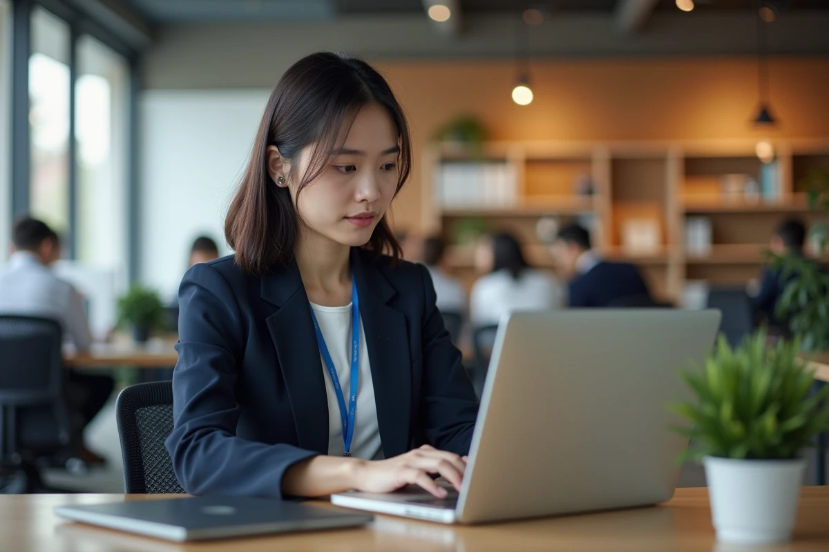 Femme en formation BTP consultant un portail de carrière sur ordinateur dans un espace de travail moderne