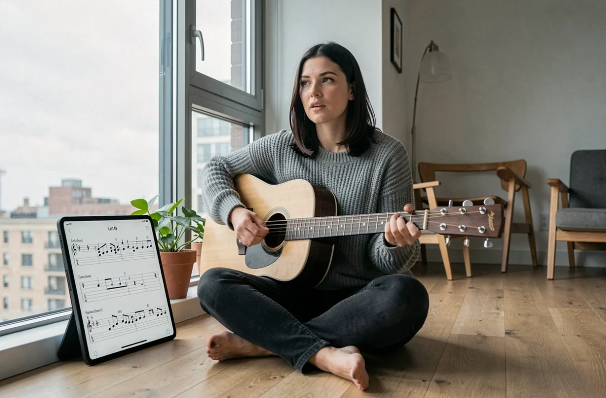Femme jouant de la guitare acoustique en consultant une tablature de Let It Be sur tablette, assise au sol près d'une fenêtre avec vue urbaine