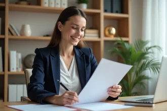Femme professionnelle relisant sa lettre de motivation à son bureau avec un stylo à la main