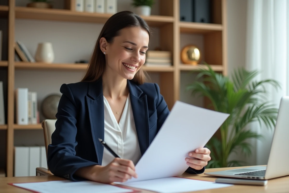 Femme professionnelle relisant sa lettre de motivation à son bureau avec un stylo à la main