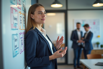 Jeune femme en blazer bleu expliquant les 4Ps marketing