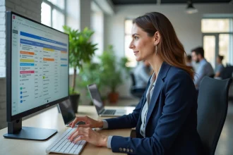 Professionnelle en marketing analysant un tableau de bord d'automatisation emailing sur un grand écran dans un bureau moderne