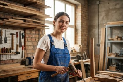 Jeune femme en atelier de menuiserie en train d'assembler un meuble