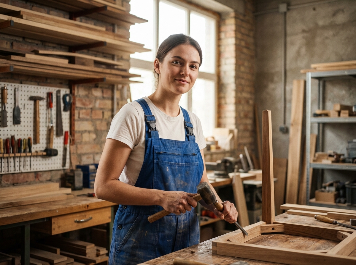 Jeune femme en atelier de menuiserie en train d'assembler un meuble