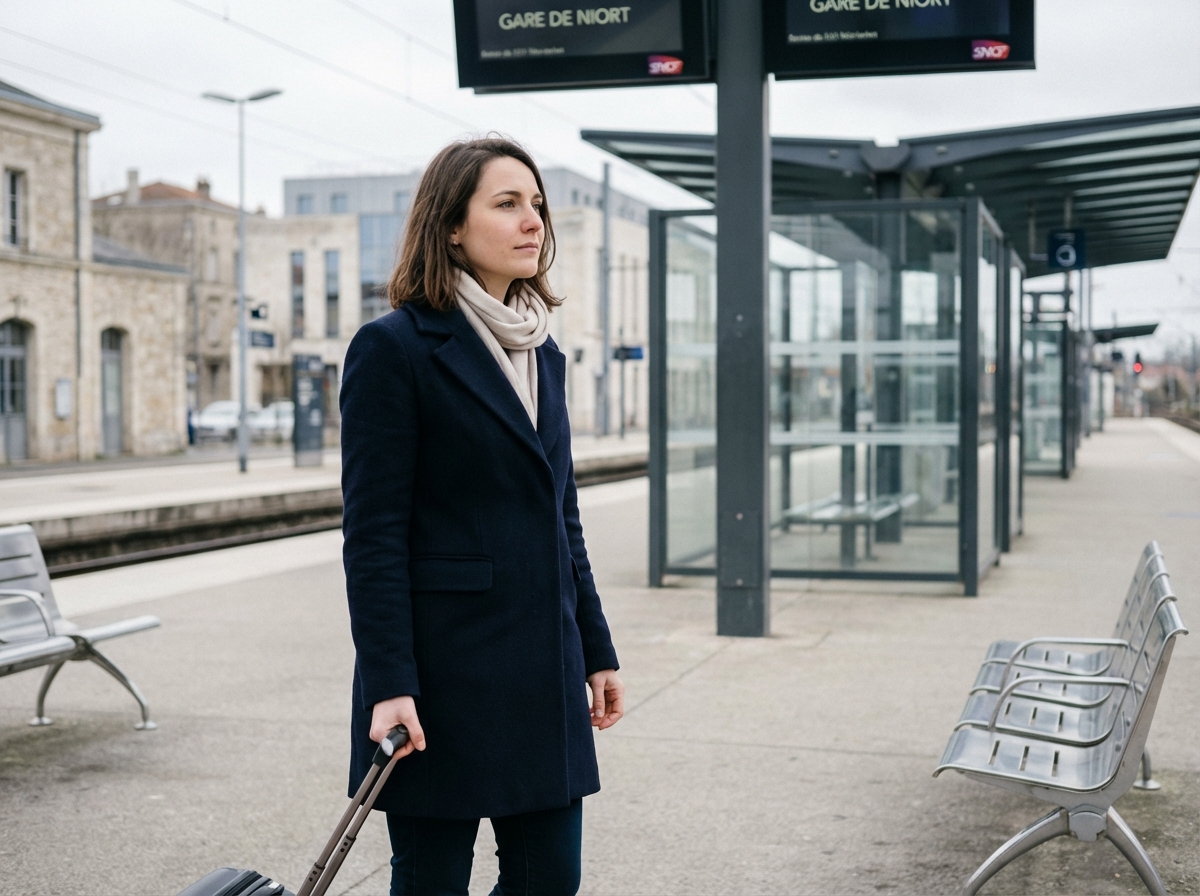Jeune femme à Niort avec valise sur la plateforme