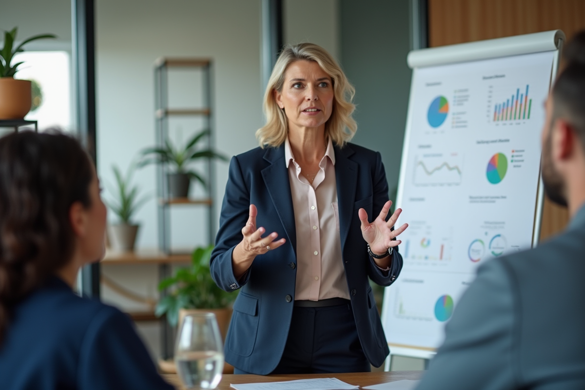 Femme en présentation avec tableau de diagrammes en réunion