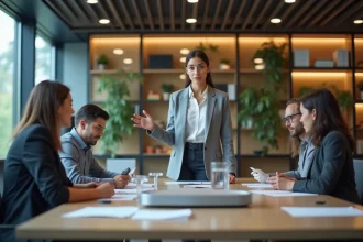 Jeune femme présentant un prototype innovant en réunion