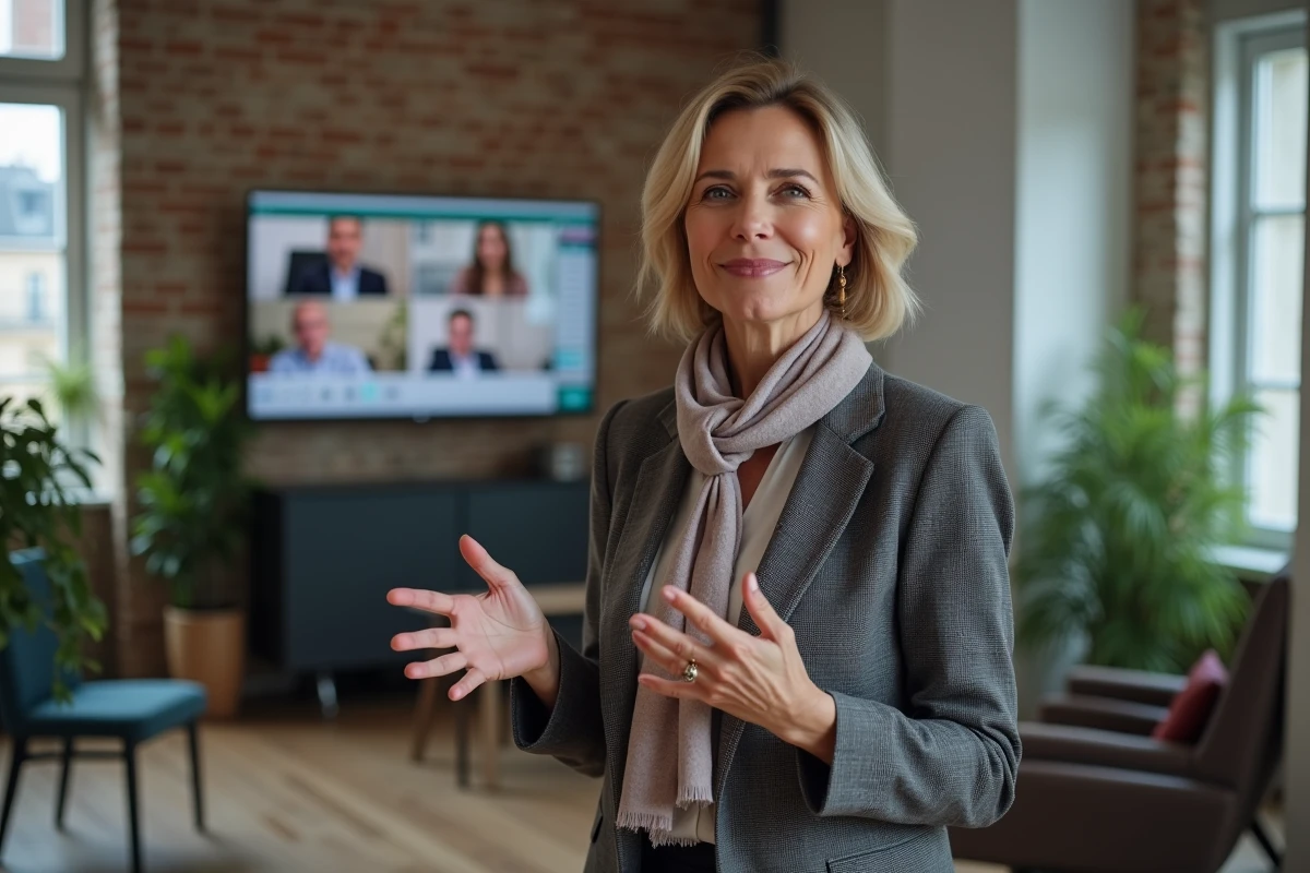 Femme conférencière animant une réunion virtuelle à Paris