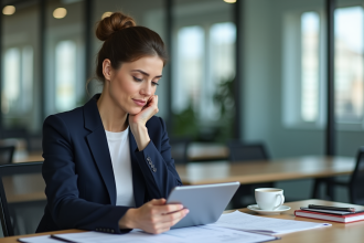 Femme en blazer navy travaillant à son bureau moderne