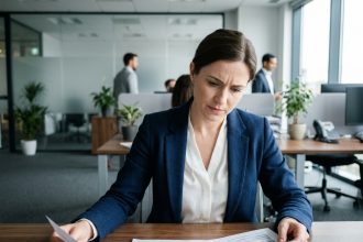 Femme professionnelle comparant des grilles de salaires et des parcours de carrière dans un bureau moderne