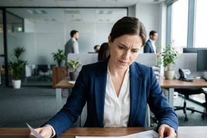 Femme professionnelle comparant des grilles de salaires et des parcours de carrière dans un bureau moderne