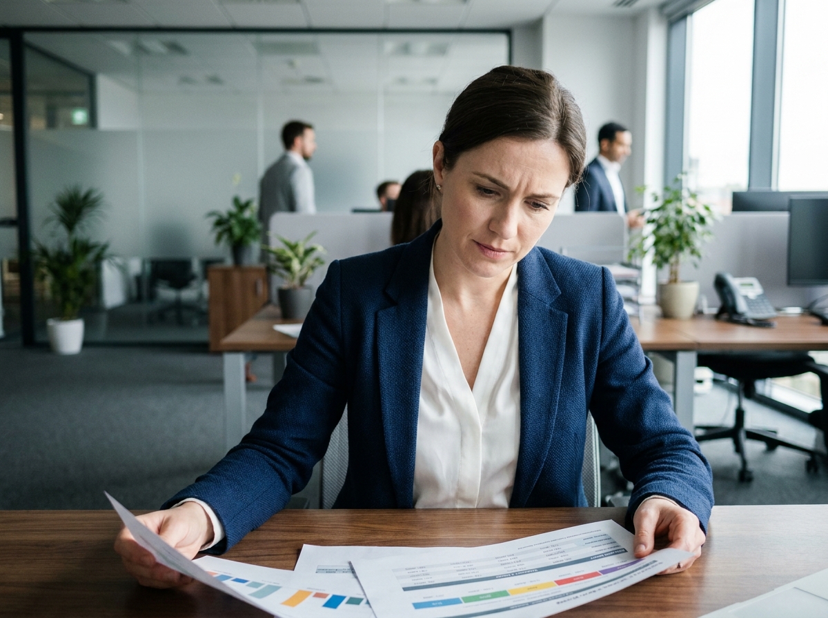 Femme professionnelle comparant des grilles de salaires et des parcours de carrière dans un bureau moderne