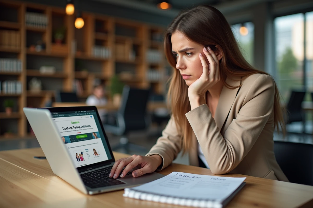 Une femme consulte un site de formation BTP sur son ordinateur portable en prenant des notes, représentant les démarches de vérification avant inscription