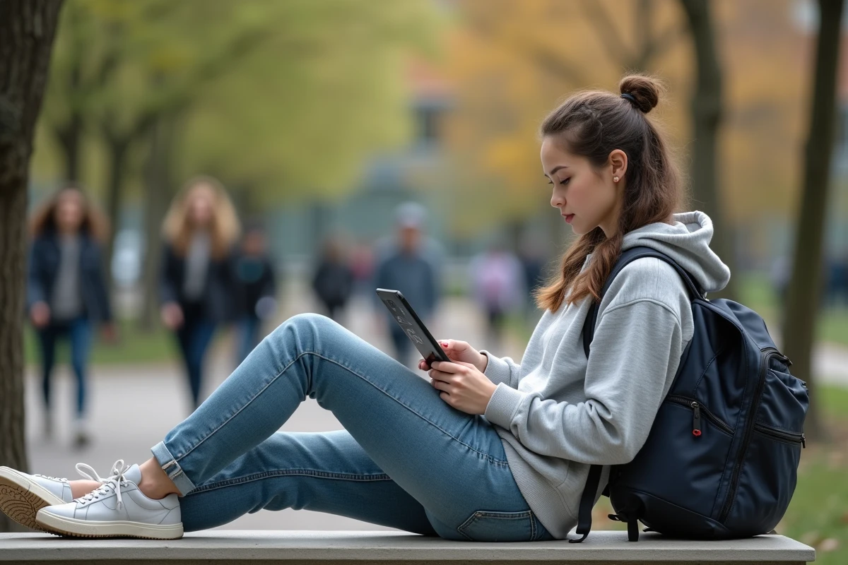 Jeune femme relisant ses notes sur une tablette en extérieur