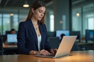 Femme d affaires utilisant un dispositif de sécurité au bureau