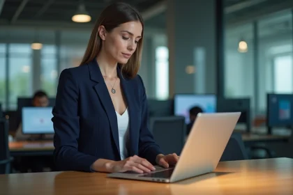 Femme d affaires utilisant un dispositif de s&eacute;curit&eacute; au bureau