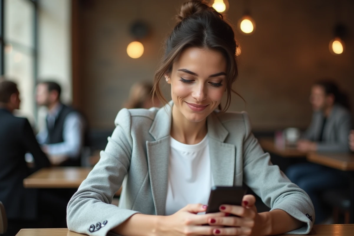 Femme consultant le site Ent.ile-de-france.fr sur son smartphone dans un café parisien