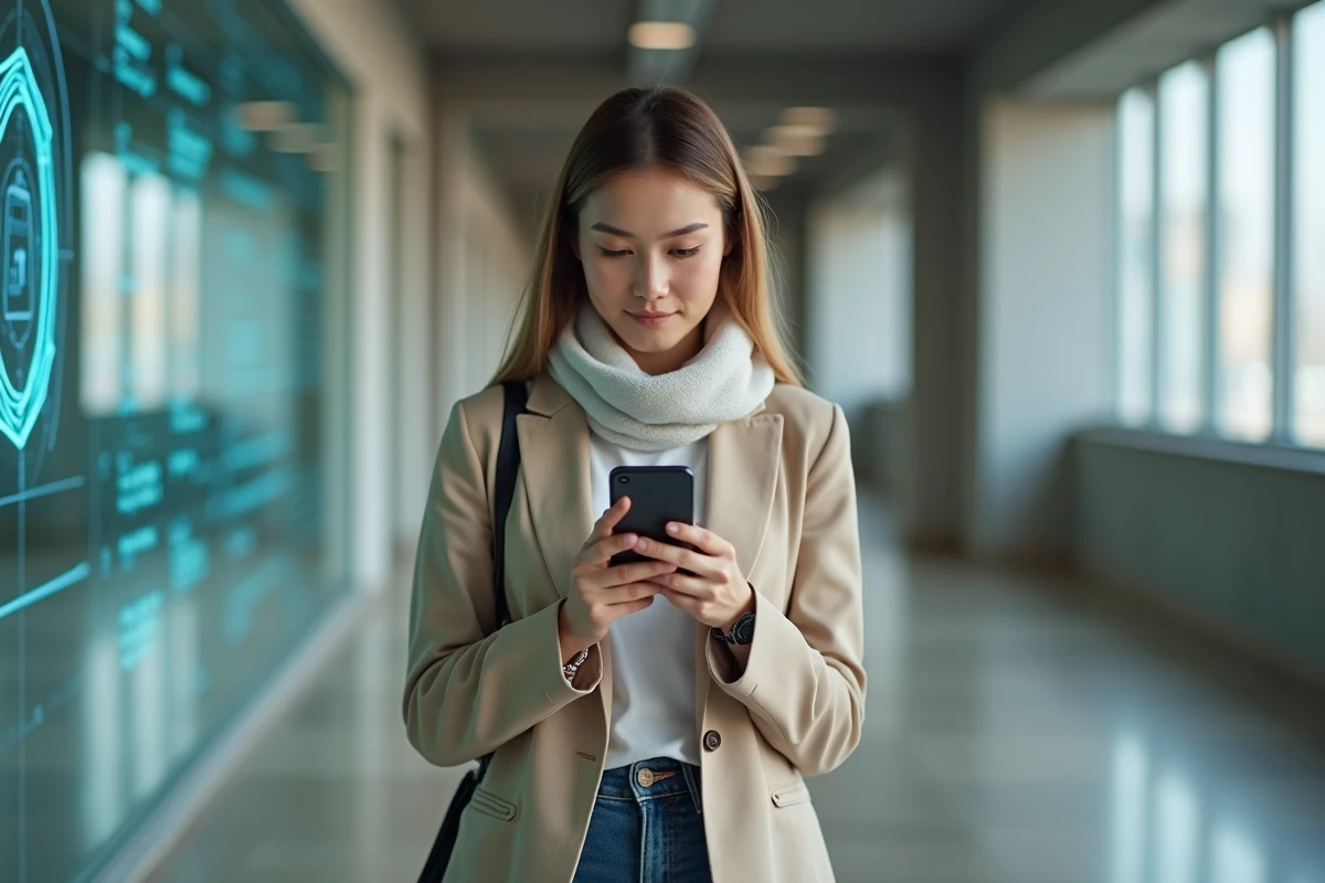 Jeune femme marchant avec smartphone dans un couloir moderne