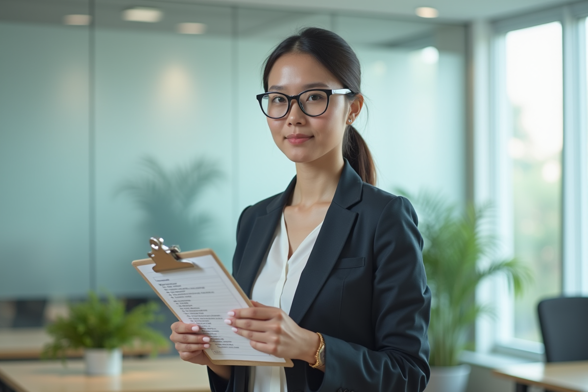 Jeune femme avec un clipboard devant un mur givré