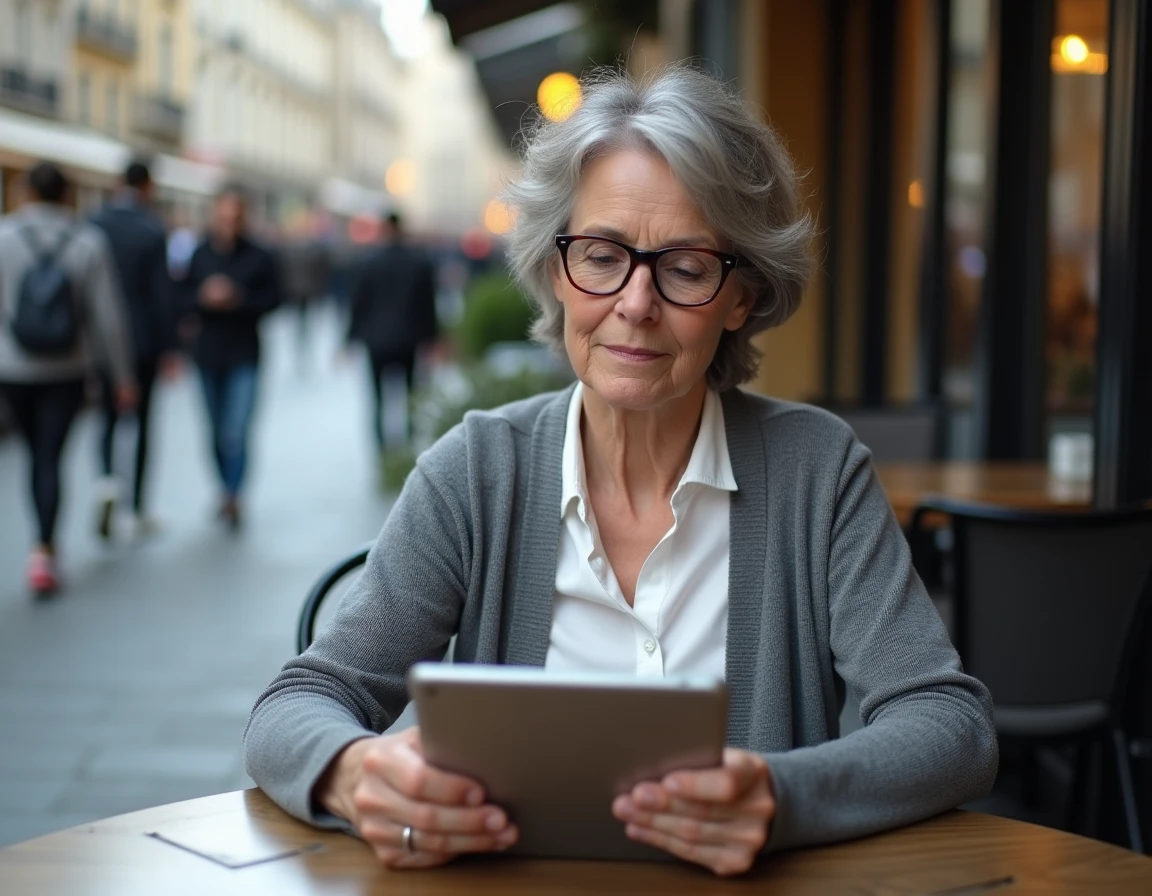 Femme consultant un site officiel sur tablette en terrasse pour s'informer sur les droits et alternatives CPF