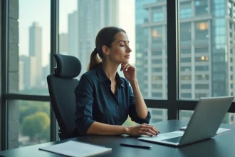 Femme concentrée au bureau moderne avec ordinateur