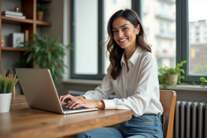 Femme souriante travaillant sur un laptop dans un appartement lumineux