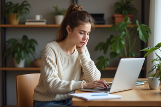 Jeune femme travaillant à la maison avec ordinateur et notes