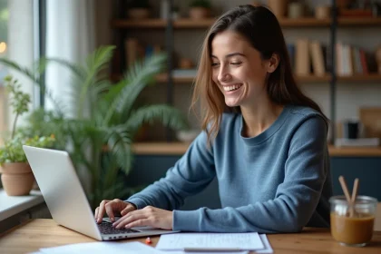 Femme cr&eacute;ant un PDF sur son ordinateur &agrave; la maison