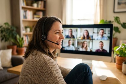 Femme souriante en visioconference dans un salon lumineux