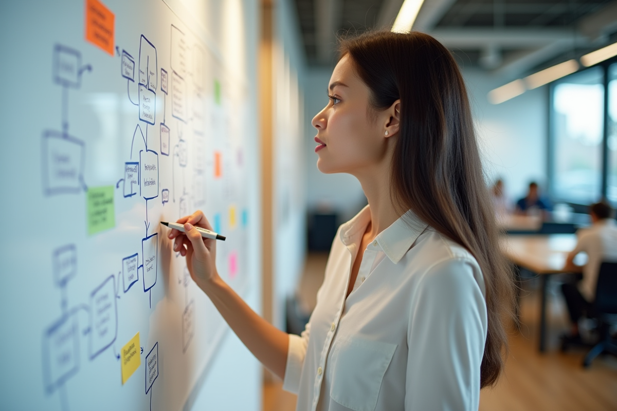 Jeune femme écrivant sur un tableau blanc dans un espace de coworking