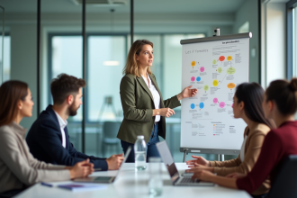 Femme en formation avec tableau sur les 5 F essentiels