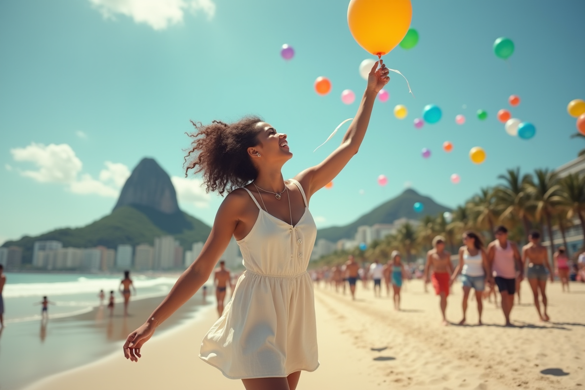 Jeune femme brésilienne relâchant un ballon coloré à Copacabana