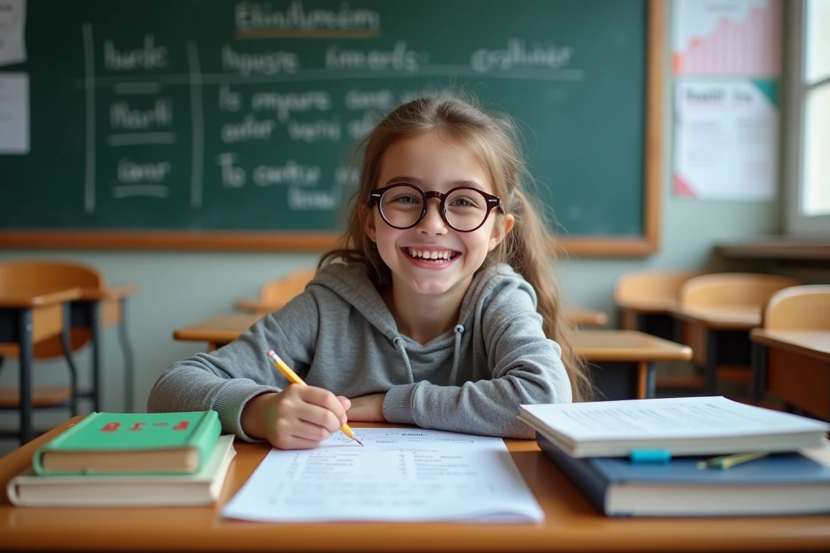 Jeune fille souriante en classe avec livres et conjugaisons