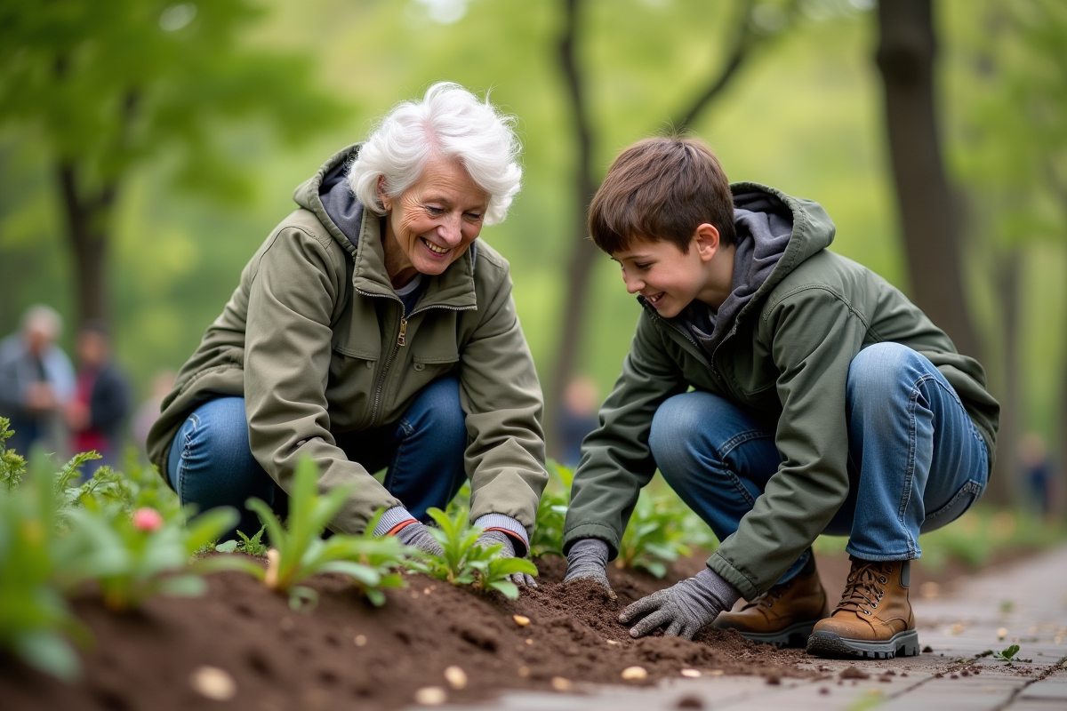 Fille et garçon plantant des fleurs dans un parc public