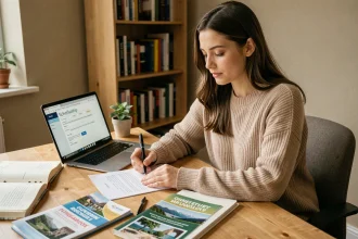 Jeune femme consultant des documents de financement pour une formation en tourisme à son bureau à domicile