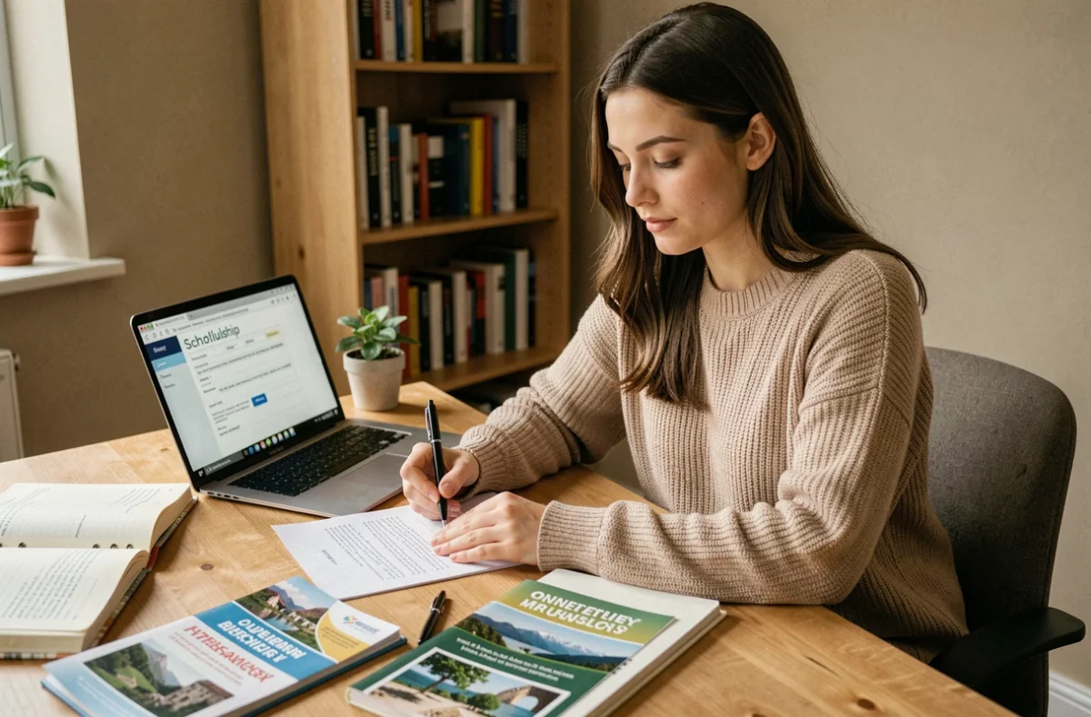 Jeune femme consultant des documents de financement pour une formation en tourisme à son bureau à domicile
