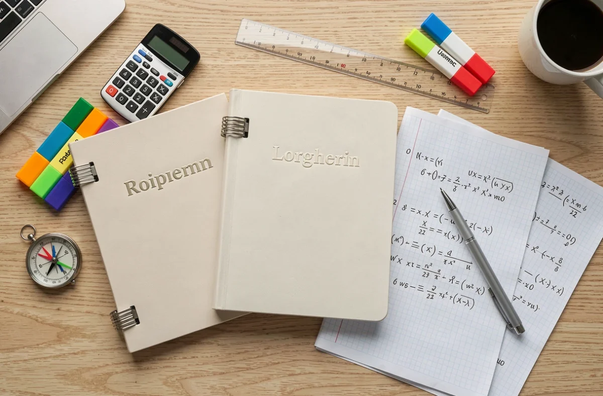 Flat-lay de cahiers de prépa pour école d'ingénieur avec matériel scolaire sur un bureau en bois