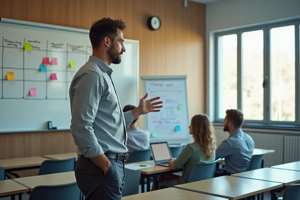 Formateur présentant un planning de suivi pédagogique devant un tableau dans une salle de formation professionnelle