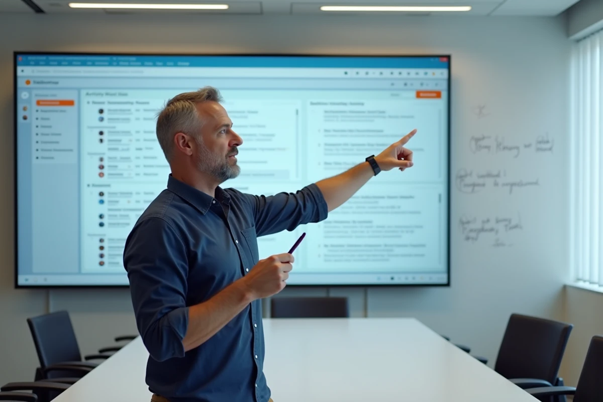 Formateur présentant un tableau de bord Moodle sur grand écran dans une salle de formation universitaire