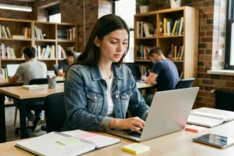 Jeune femme concentrée sur son apprentissage dans un espace de formation moderne de type académie numérique