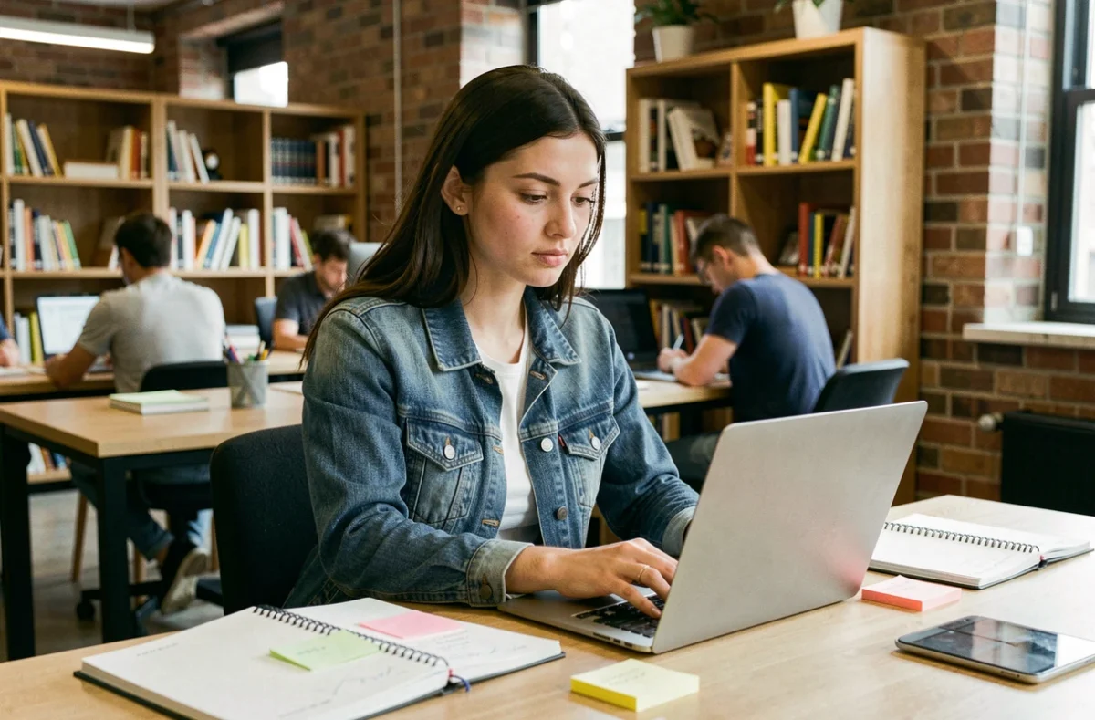 Jeune femme concentrée sur son apprentissage dans un espace de formation moderne de type académie numérique